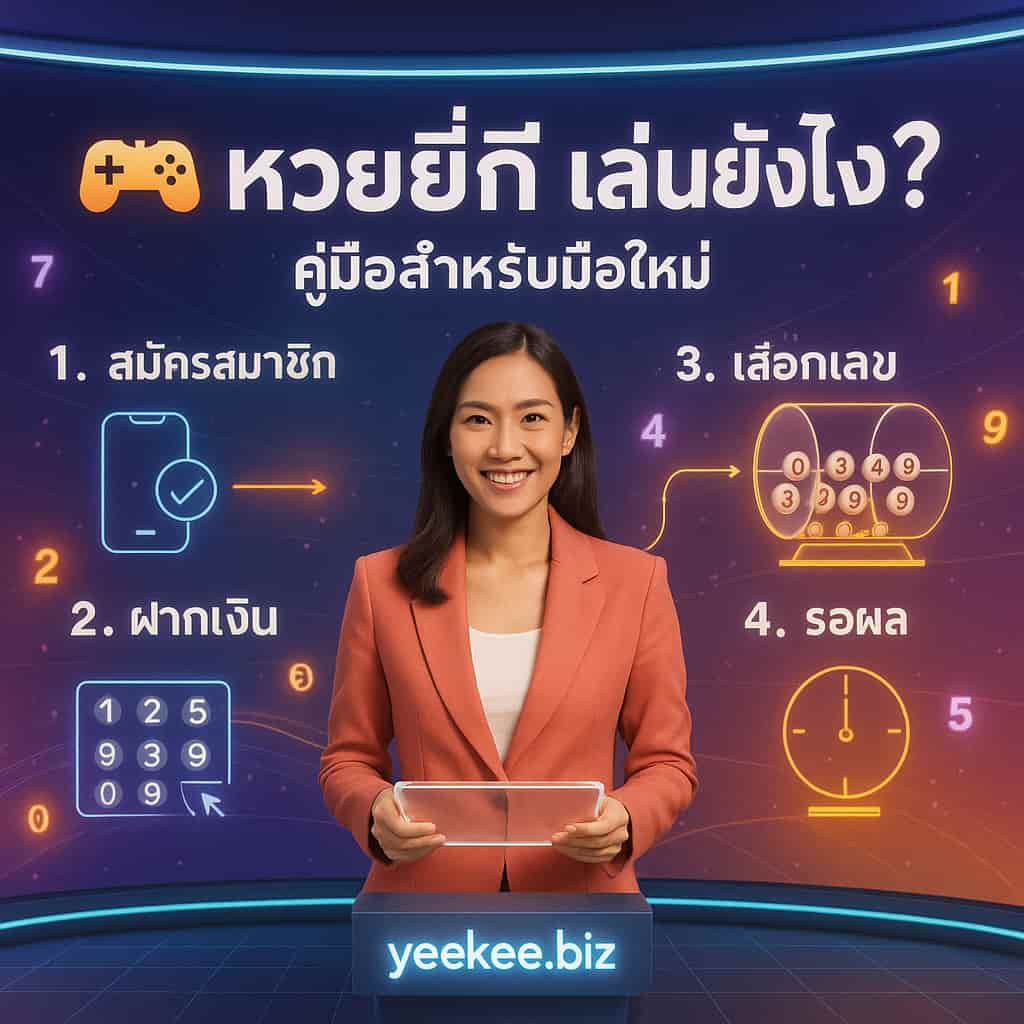 A professional photograph of a smiling Thai female presenter in a coral-colored blazer, holding a transparent tablet in a high-tech tutorial studio. She is gesturing towards a massive, curved holographic screen behind her, which displays step-by-step illustrated instructions and bold Thai text that translates to 'How to play Yee Kee Lottery? Beginner's Guide'. Icons for signing up, depositing, choosing numbers, and waiting for results are visible. The website logo for yeekee.biz is subtly displayed on a desk.