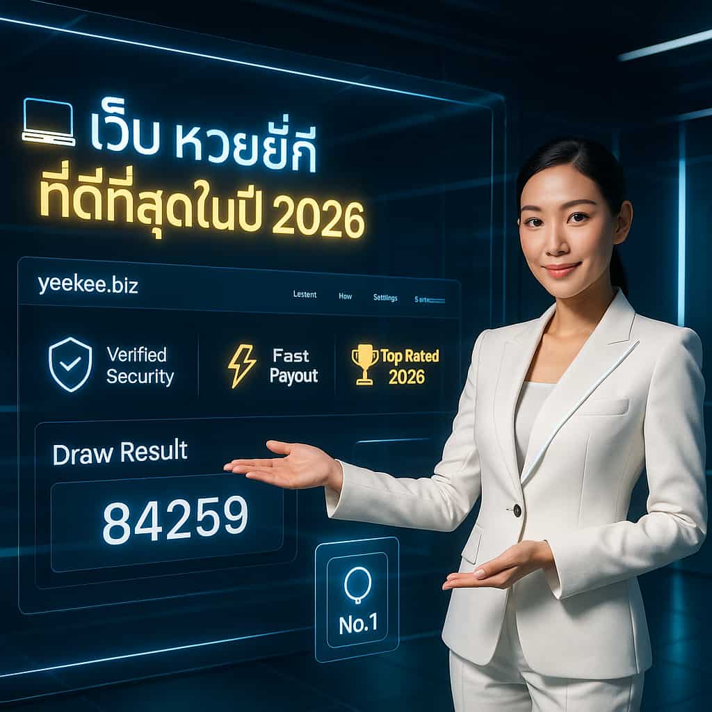 A professional studio photograph of a Thai female presenter in a futuristic white suit standing before a large glass LED screen. The screen showcases a modern website interface for yeekee.biz with Thai text that translates to 'Best Yee Kee Lottery Website in 2026'. The display includes icons for security, fast payouts, and a top-rated status. The overall atmosphere is high-tech, trustworthy, and professional.