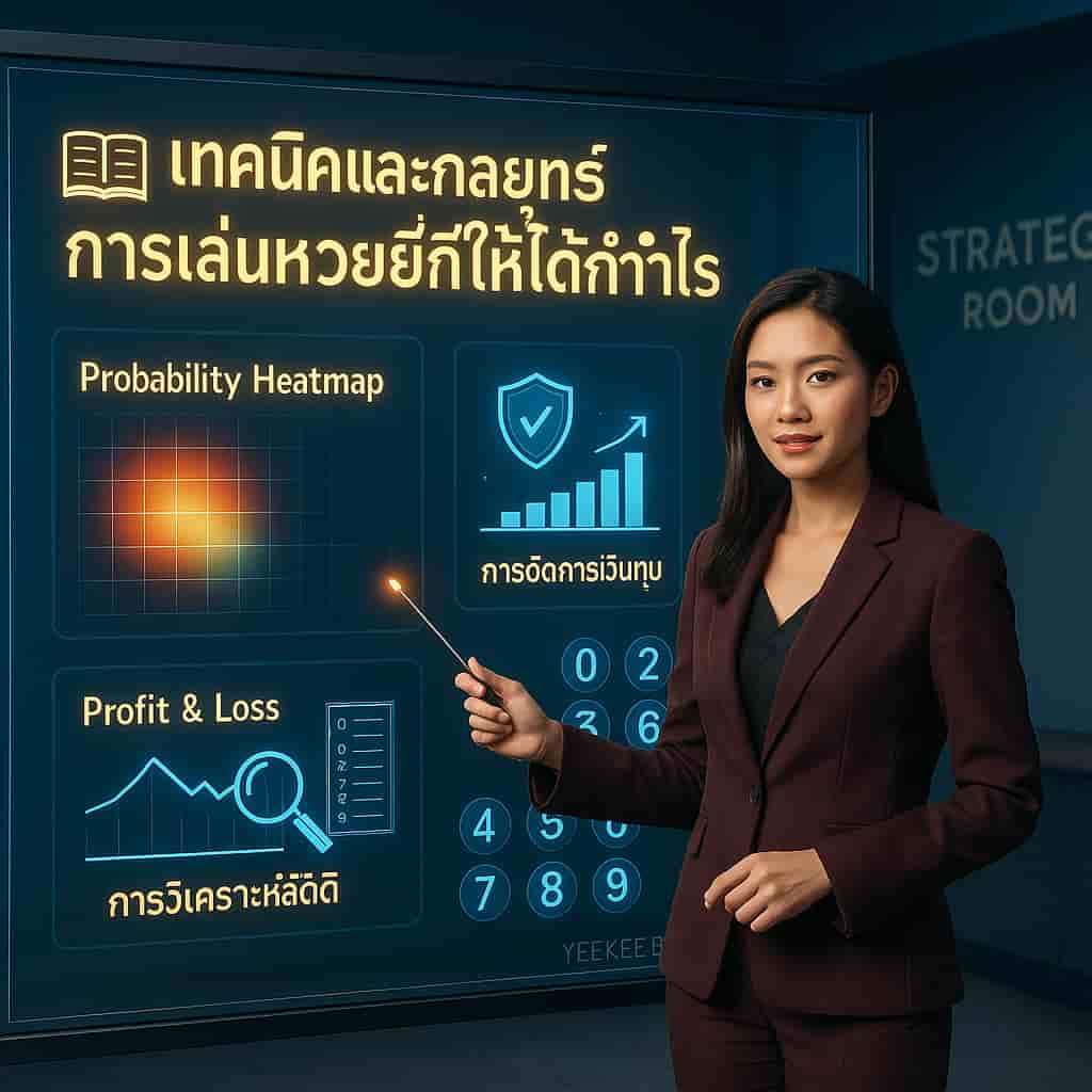 A professional photograph of a Thai female presenter in a burgundy suit standing in a high-tech strategy room. She is pointing at a glass whiteboard covered in digital charts and Thai text that translates to 'Techniques and Strategies for Profitable Yee Kee Lottery Play'. The board features financial graphs, probability icons, and capital management tips. The yeekee.biz logo is visible in the corner of the display.